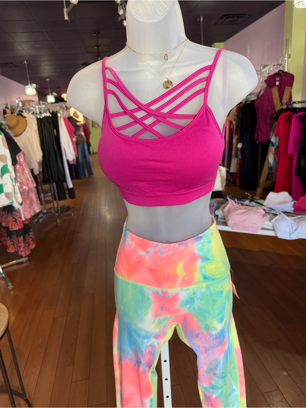 Hot Pink Strappy Sports Bra with Neon Tie-Dye Leggings
